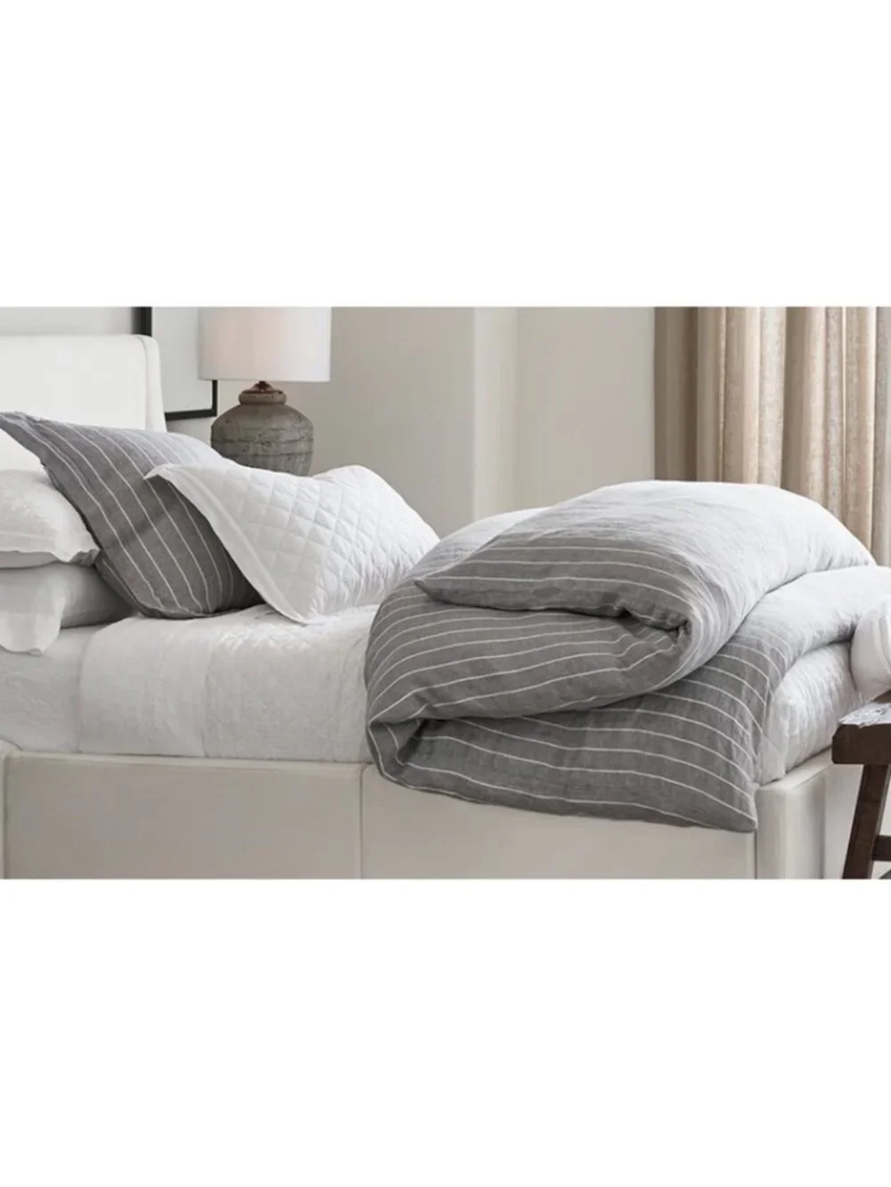 Pottery Barn Belgian Flax Linen Striped Duvet Cover in Grey Size Queen NWT